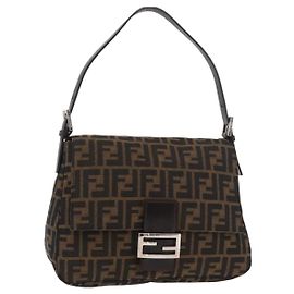 FENDI Zucca Canvas Mamma Baguette Shoulder Bag Black Brown Auth 179388SAV