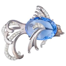 Autre Marque Spilla pesce vintage in argento sterling e cristallo blu