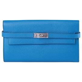 Portafoglio lungo Kelly Hermès Bleu Zanzibar in pelle di capra con finiture in palladio