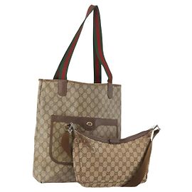 Borsa Tote GUCCI GG Supreme GG Canvas Web Sherry Line PVC 2 Set Beige Auth bs35109