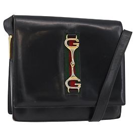 Bolsa de Ombro GUCCI Horsebit Web Sherry Line Couro Preto Ouro Auth 179764