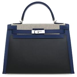 Hermès Black Tricolor Swift und Toile H Berline Kelly II Sellier 32