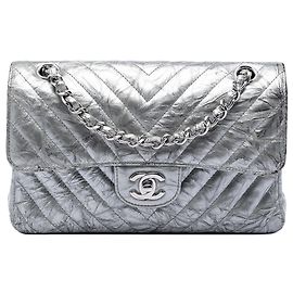 Chanel Silver Small Classic Chevron Metallic Crumpled Calfskin Double Flap