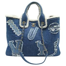 CHANEL DEAUVILLE HIEROGLYPHE BLUE DENIM & FUR TOTE BAG - Chanel