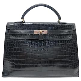 VINTAGE HERMES KELLY 36 SELLIER SCHWARZES KROKODILLEDER HANDBAG - Hermès