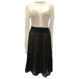 Vestido midi de encaje bicolor Chanel en lana negra