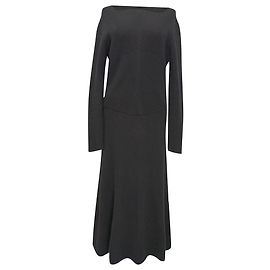 Vestido midi de manga larga y cuello cuadrado en lana negra Victoria Beckham