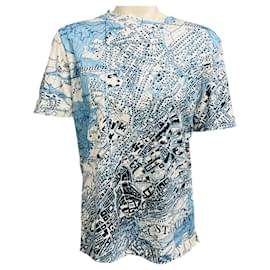 Akris Kurzärmeliges Baumwoll-Oberteil Blau / Weiß mit Kartenprint