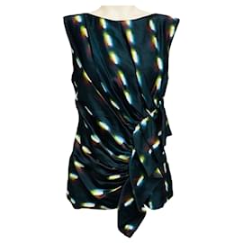Top de satén sin mangas fruncido con estampado multicolor azul marino Dries Van Noten x Len Lye