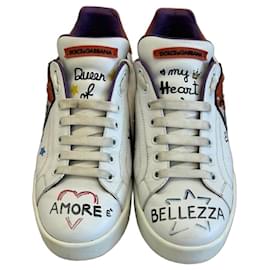 Dolce & Gabbana Portofino Low-Top Sneaker Weiß Leder Graffiti
