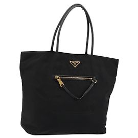 PRADA Tote Bag Nylon Schwarz Gold Auth 179207