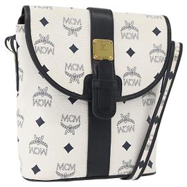 Bolso de Hombro MCM Vicetos Logogram PVC Cuero Oro Blanco Auth 179730