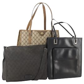 GUCCI GG Canvas GG Supreme Tote Bag Leder PVC 3 Set Schwarz Beige Auth bs34896