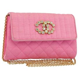 CHANEL Matelasse Chain Shoulder Bag Satin Gold Pink CC Auth 179642A