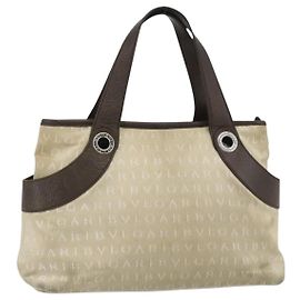 Bulgari Borsa BVLGARI Logo Mania in tela beige e argento Auth 180078