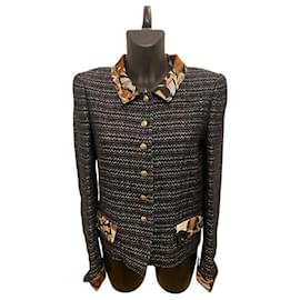 Chanel Black Tweed Silk Floral Collar Jacke SS2005