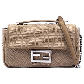 Fendi Beige Zucca Präge-Technik-Stoff Chain Midi Baguette Tasche
