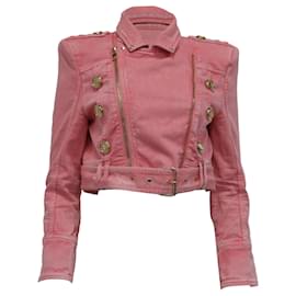 Chaqueta vaquera corta con cinturón Balmain en algodón rosa