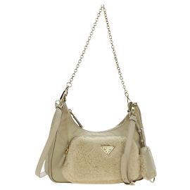 Borsa a Spalla con Catena PRADA Nylon 3way Beige Oro Auth 179052V