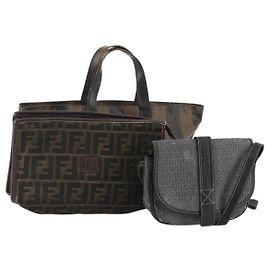 FENDI Zucchino Canvas Zucca Canvas Pecan Canvas Bag PVC 3 Set Auth bs35110