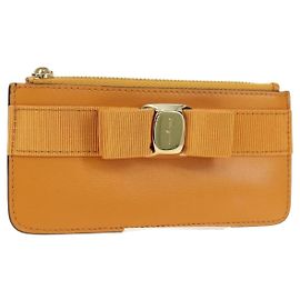 Salvatore Ferragamo Vala Fragment Coin Purse Leather Yellow Gold Auth am11593V