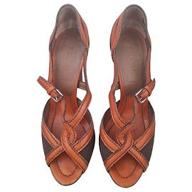 Sandali Prada in pelle arancione e marrone con tacco a blocco