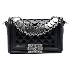 Chanel Black Paris Bombay Small Quilted Patent Medallion Embellished Boy Flap