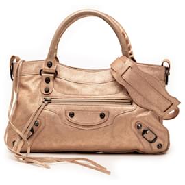 Balenciaga Pink Metallic Craquele Suede Motocross Classic First Satchel Tasche