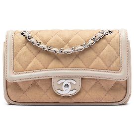 Chanel Beige Medium Classic Canvas con bordatura in pelle di agnello Double Flap