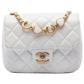 Chanel White Mini Square Classic Lambskin Enamel Coco Hearts Single Flap