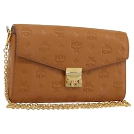 MCM Vicetos Logogram Chain Shoulder Bag Leather Brown Gold Auth mr2451V