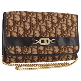 Borsa a Spalla con Catena Christian Dior Trotter Canvas Marrone Oro Auth 179423