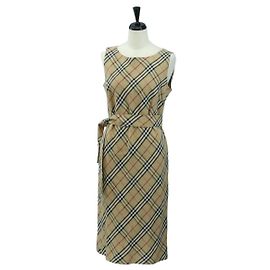 BURBERRY Vestido One Piece Nova Check en lino y rayón Beige Auth 179324A