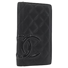 CHANEL Cambon Line Long Wallet Lamb Skin Black CC Auth 176412 - Chanel