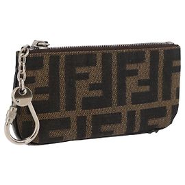 FENDI Zucca Canvas Coin Purse Brown Black Auth 178390