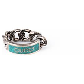 Gucci Logo Emaille Gliederkette Ring Sterlingsilber Türkisblau Damen US 7