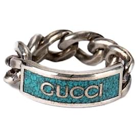 Gucci Logo Emaille Gliederkette Ring Silber Türkis Blau Damen IT 13 US 6.5