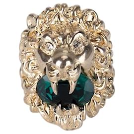 Anello Gucci Lion Head Oro Invecchiato Ottone Cristallo Verde Uomo US 8.5