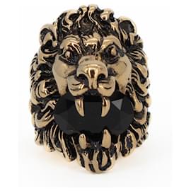 Anello Gucci Lion Head con Cristallo in Ottone Oro Invecchiato Nero Donna US 6.5