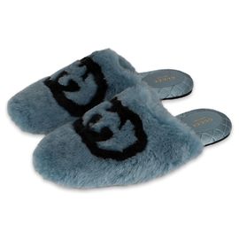 Gucci Interlocking G Faux-Fur Slippers Sweet Blue Black Women EU 39