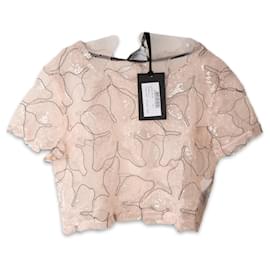 Top corto de malla transparente con flores y lentejuelas Blumarine Rosa Negro Mujer L