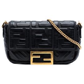 Borsa a tracolla Fendi Black Mini Zucca in pelle goffrata Baguette