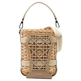 Borsa bucket cesta Sahara in rafia e pelle marrone Dior