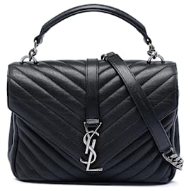 Borsa Satchel Saint Laurent Black Medium Chevron Sheepskin Monogram College