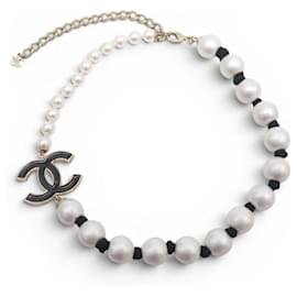 NUOVO COLLANA CHANEL LOGO CC EMAIL NERO PERLE & METALLO DORATO 49 CM