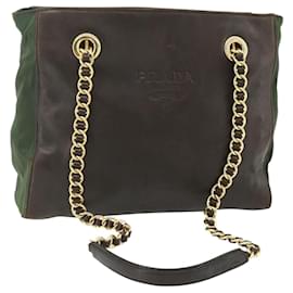 PRADA Chain Tote Bag Nylon Leder Grün Gold Auth 180152