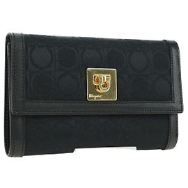 Salvatore Ferragamo Gancini Trifold Wallet Canvas Leather Black Gold am11632V