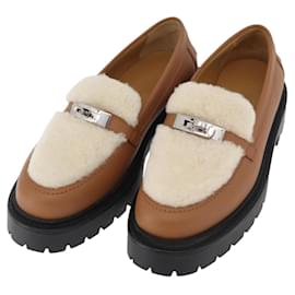 HERMES Kelly Cintura Mocassini Scarpe Pelle Marrone Argento Auth BA12632V - Hermès