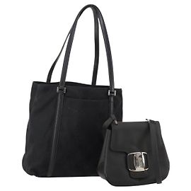 Salvatore Ferragamo Schultertasche Canvas Leder 2 Set Schwarz Auth BA12171