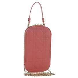 Borsa Phone Pouch Christian Dior Cannage Chain in pelle di agnello Rosa Oro Auth 179066M